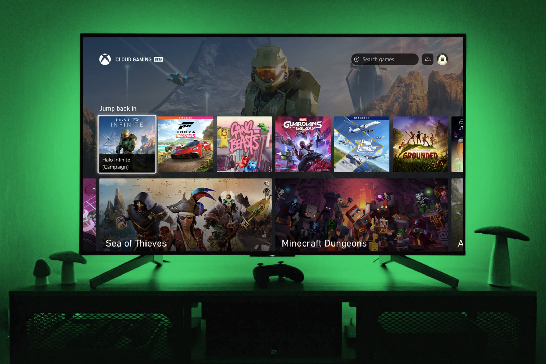 A tv shows the new Xbox Game Pass that comes to Samsung Gaming Hub soon.